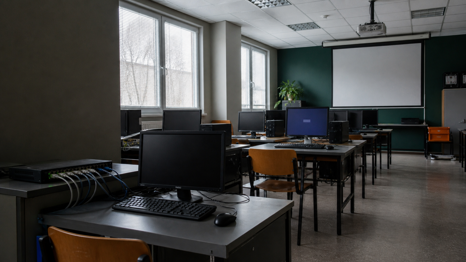 Praktiline arvutiklass tööjaamade, võrguseadme ja projektoriga